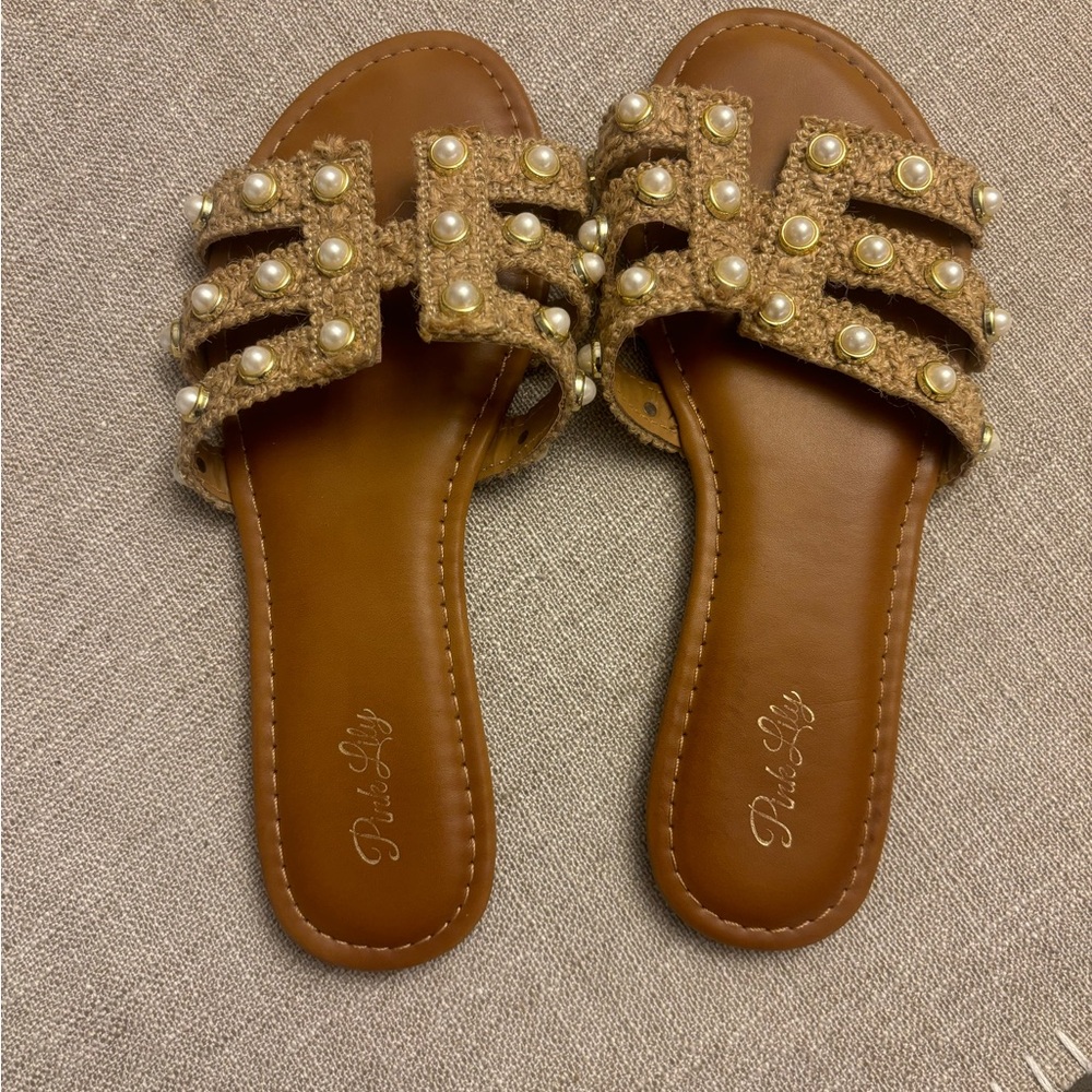 Pink Lily Brown Pearl Woven Embellished Sandals